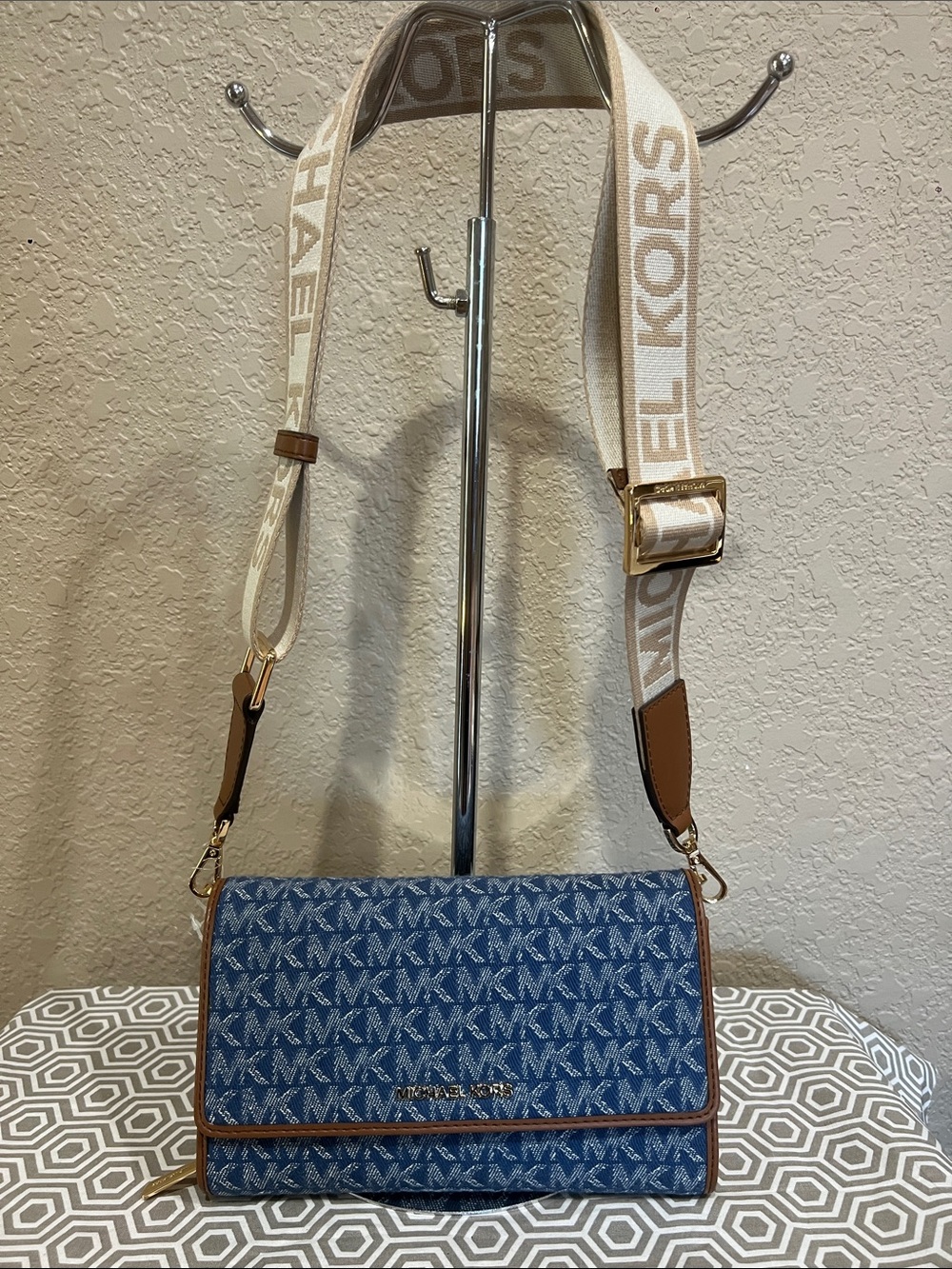 Michael Kors Blue Monogram Crossbody with Cream Logo Strap